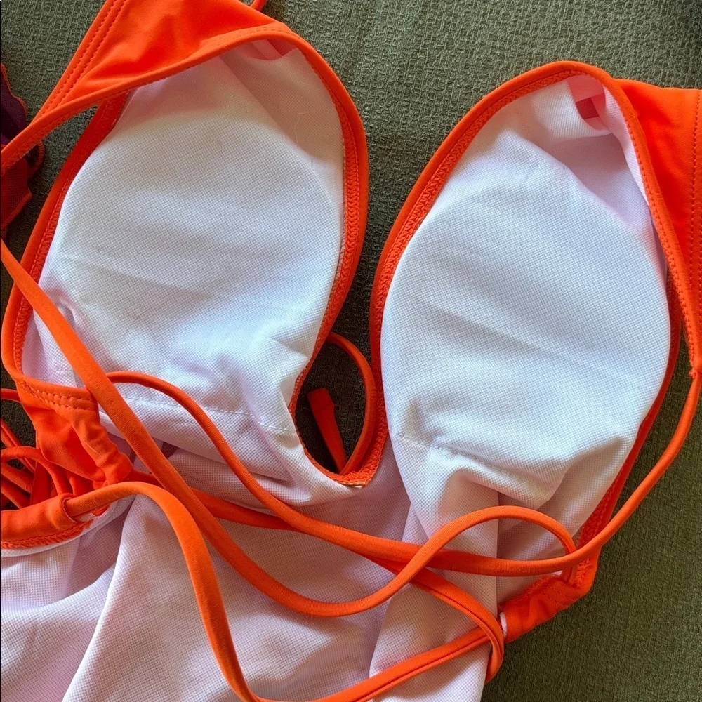 NWOT Orange Plunge One Piece Tie Back Swimsuit w/ Long Sleeve Ombre Mesh CoverUp
